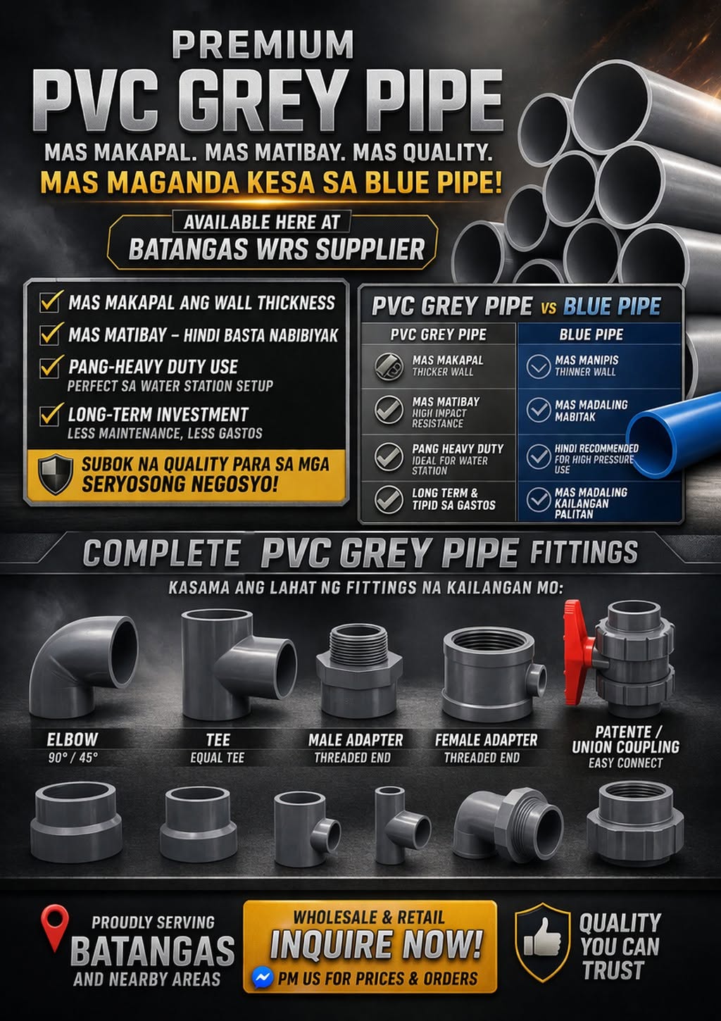 Premium PVC grey pipe and fittings for water station installation